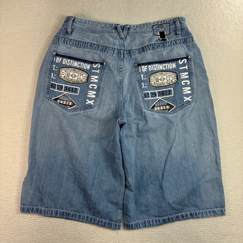 Y2K Enyce Baggy Jean Shorts Men 36x15 Blue Jorts Embroidered Denim Loose Relaxed